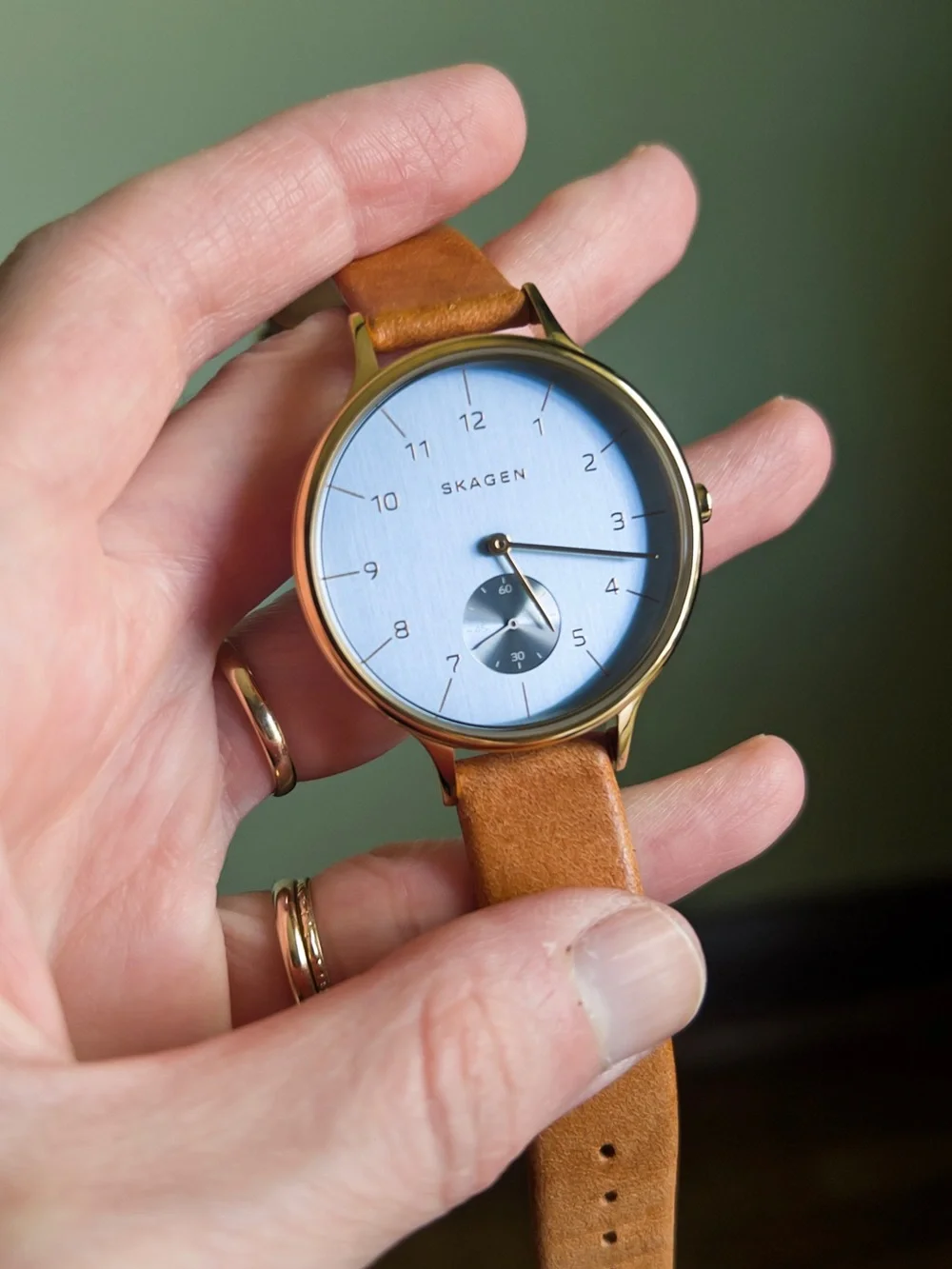 Skagen Denmark Anita Wristwatch, Leather Strap, Blue Chrome with Gold Hardware